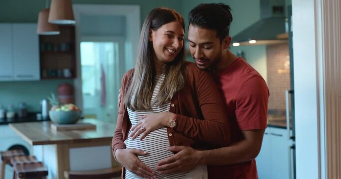 Pregnant couple, hug and talking at night with love, care and support. Happy man and woman partner or parents in family house with pregnancy, affection and commitment in healthy marriage and wellness