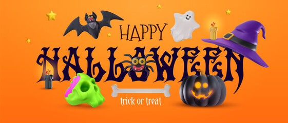 Happy halloween vector illustration in 3d cartoon style. Holiday realistic background for party banner, cover, poster. Funny scary toy characters. Minimal cute bright composition.