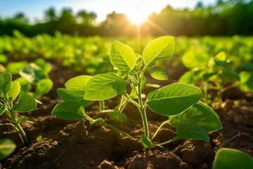Soybean farming, green leaves, agricultural growth. Generative AI