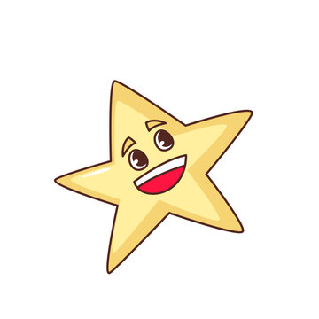 Groovy happy star character vector illustration. Cartoon isolated psychedelic trippy sticker with yellow 5 star emoji with smile on face, emoticon badge for social media with positive hippie vibes