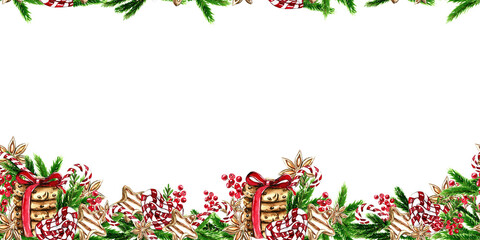 Horizontal seamless background for Christmas and New Year. Watercolor hand drawn illustration for cards, backgrounds, scrapbooking and your design. Perfect for wedding invitation.