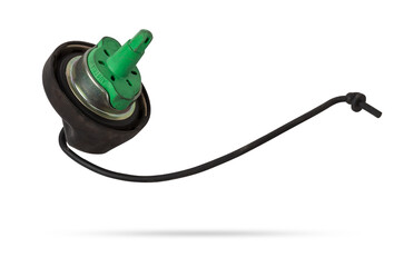 Plastic fuel filler tank cap on white isolated background. Oil and gas industry. Auto parts catalog.