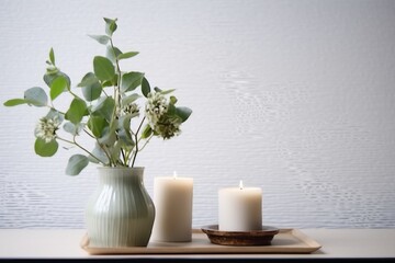 Beautiful burning candles with green leaves in vase on white table. generative ai.