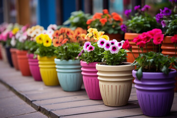 Fototapeta na wymiar colorful flower pots with flowers in shop. ai generative