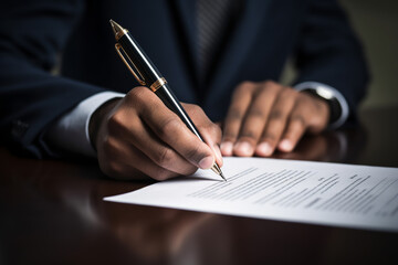 Close-up of male hand with pen signing a legal document. ai generative - obrazy, fototapety, plakaty