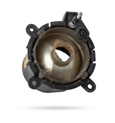 Spare part for sale at auto-parsing or car body repair in service on a white isolated background - a fog lamps, after an accident and damage.