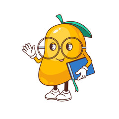 Groovy mango character vector illustration. Cartoon isolated Y2K comic funky mascot, funny genius tropical fruit student with glasses and book, legs and arms, green leaf and happy smile on mango face