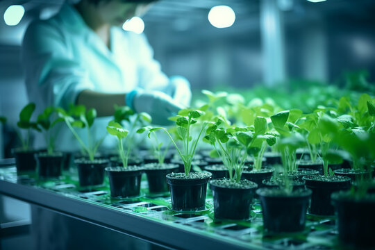 Agricultural lab Gene Regulation in Plants. horticulture biotechnology greenhouse-laboratory. phenotyping lab. Hands of plant scientist and laboratory plant growth research. ai generative