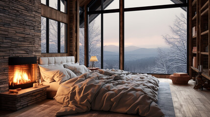 A cozy cabin bedroom with a fireplace and snow outside the windows, white bedding. ai generative