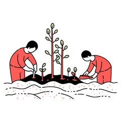 transplanting seedlings in minimalistic, black and red line work, japan web vector illustration