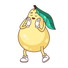 Groovy surprise pear character vector illustration. Cartoon isolated exited confused Y2K yellow fruit mascot, shocked emoji with arms and legs, pear with green leaf and astonishment emotional gesture