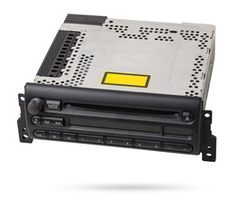 an audio system and a radio in gray and black plastic of car with cd and mp3 music on white isolated background