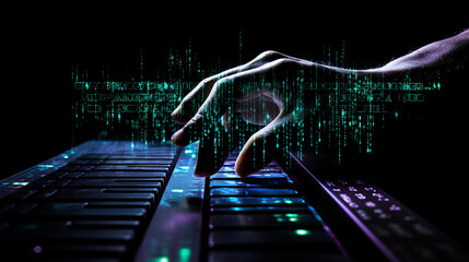 The Hacker's Symphony: Fingers and Code. Generated AI - obrazy, fototapety, plakaty