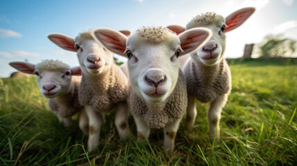A group of lambs close-up on green grass