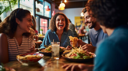 Friends Sharing Laughs Over Plates of Tacos and Margaritas in a Mexican Cantina , meeting friends at a restaurant, bokeh