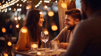 Obraz na płótnie Canvas Friends Sharing a Romantic Dinner on an Outdoor Terrace with Fairy Lights , meeting friends at a restaurant, bokeh