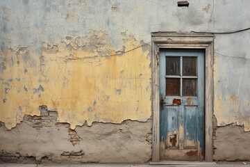 The dilapidated wall of the building and the wooden door require major repairs. Facade of a house with damaged plaster. ai generative