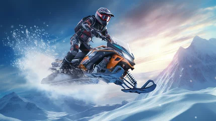 Foto op Plexiglas Snowmobile rider performing spectacular jump in beautiful snowy landscape. ai generative © Oleksandr