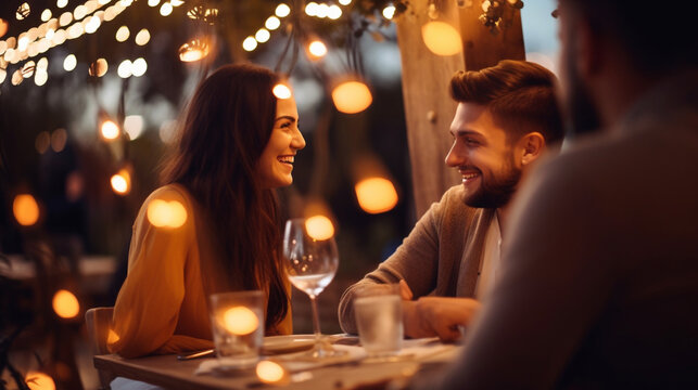 Friends Sharing a Romantic Dinner on an Outdoor Terrace with Fairy Lights , meeting friends at a restaurant, bokeh
