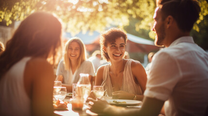 Group of Friends Enjoying a Picnic-Style Brunch in a Sunny Park Cafe , meeting friends at a restaurant, bokeh