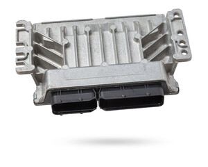 Plastic car engine control unit with metal elements on a white isolated background is the...