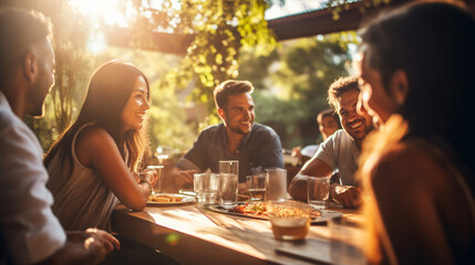 Friends Gathering for a Summer BBQ Feast on a Restaurant Patio , meeting friends at a restaurant, bokeh