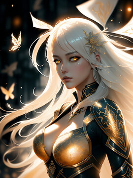 White hair woman with butterfly flying around - Ai Generated