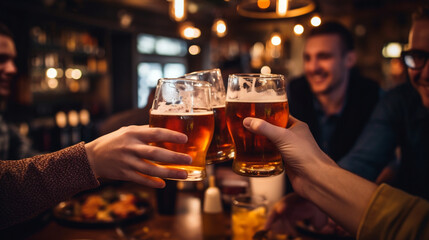Friends Reuniting for a Game Night Dinner in a Cozy Pub with Craft Brews , meeting friends at a restaurant, bokeh