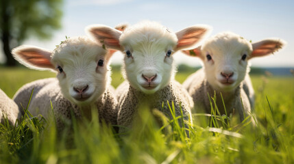 Naklejka na ściany i meble A group of lambs close-up on green grass