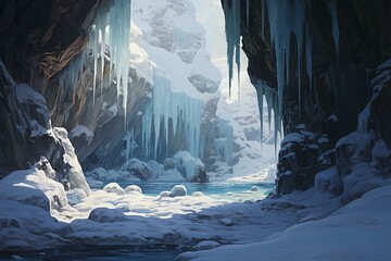 Frozen cave with icicles and flowing water. Generative AI