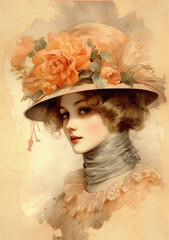 Vintage portrait of attractive woman wearing hat. Watercolor card.