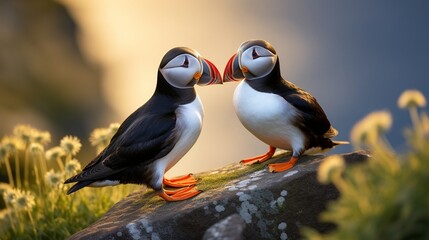 Two puffins share a moment, perched on a rock, beak to beak - obrazy, fototapety, plakaty