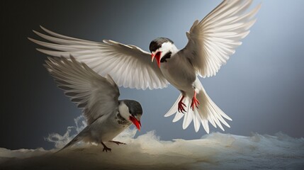 While soaring, an Arctic tern provides food for its chick