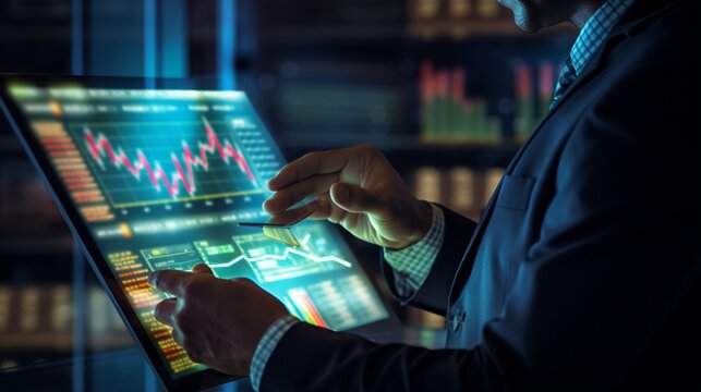 a businessman examining his company's financial balance sheet, harnessing digital virtual graphics to calculate financial data
