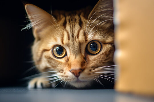 Playful funny cat hiding in cardboard box. Furry companion you'll never get bored with. Digital Ai.