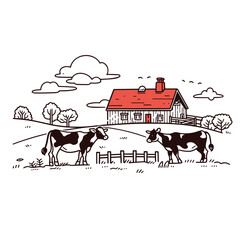 cows graze in the pasture in minimalistic, black and red line work, japan web vector illustration