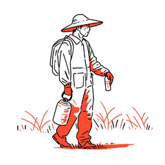 farmer using organic herbicides in minimalistic, black and red line work, japan web vector illustration