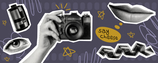 film photography concept template design with camera film hand eye and smiling mouth retro grunge halftone collage element set