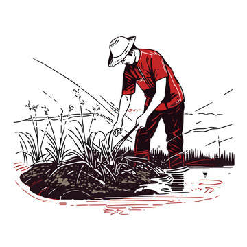 farmer using cover crops for soil conservation in minimalistic, black and red line work, japan web vector illustration