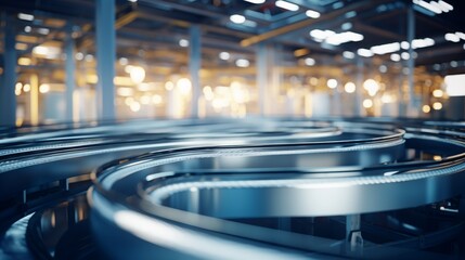 Obraz premium Empty conveyor belts set against a blurred factory backdrop