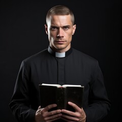 A young priest in a black cassock and a white collar with a book in his hands