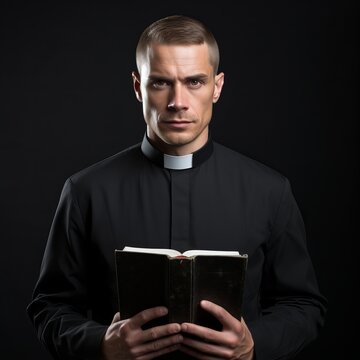 A young priest in a black cassock and a white collar with a book in his hands