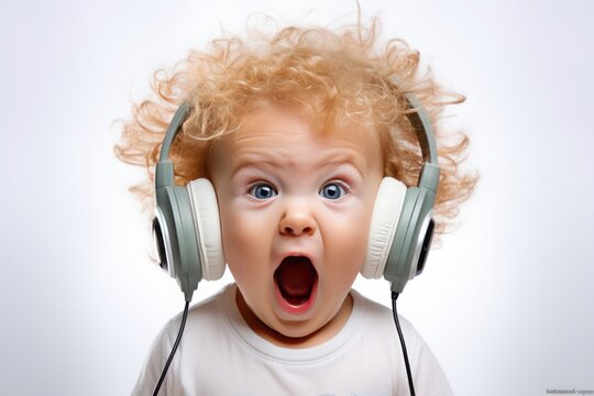Blond-Curled Baby Wearing Headphones, Undergoing a Hearing Test, Expressing Astonishment, as an Ear Doctor Monitors Noise Levels and Volume, Ensuring Auditory Health and Diagnosis