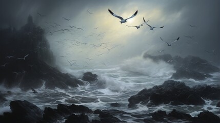 Obraz premium Icebergs traverse the foggy sea, with a multitude of seagulls