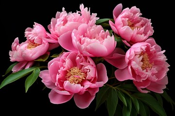 A pretty blooming pink peony with green leaves. Generative AI - obrazy, fototapety, plakaty