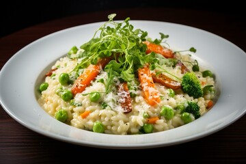 Fototapeta na wymiar A creamy risotto with Parmesan cheese and vegetables. Generative AI
