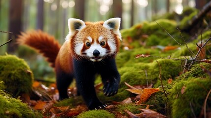 Fototapeta premium In forest, a Red Panda can be seen walking on the grass