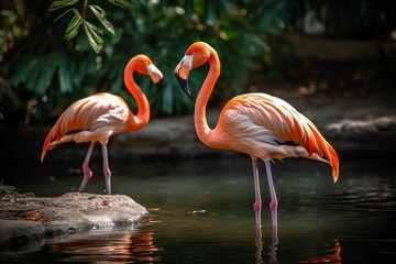 Two elegant flamingos standing gracefully in water