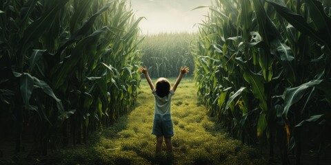 Girl Stands in a Corn Field with Open Hands, a Symbol of Hope and the Quest for Nutrition in the Third World, Highlighting the Global Effort to Combat Hunger and Aid Refugees