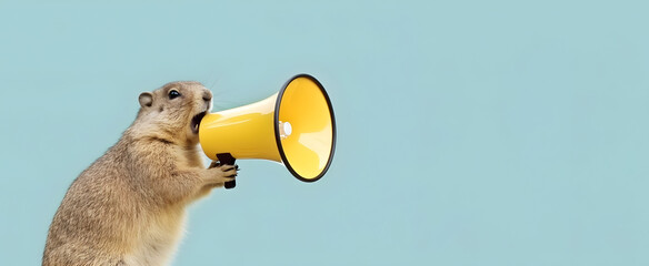 Woodchuck announcing using hand speaker. Notifying, warning, announcer